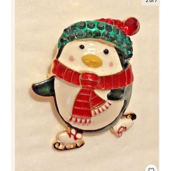 Whimsical Christmas brooch skating penguin pin or pendant  #2013FL rhinestones main image 7